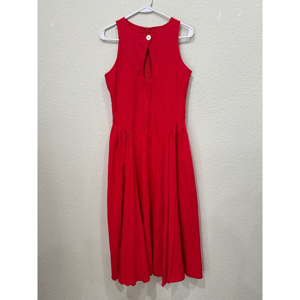 Unbranded Red Linen Cotton Blend Keyhole Drop Waist Pleated Midi Dress Womens S